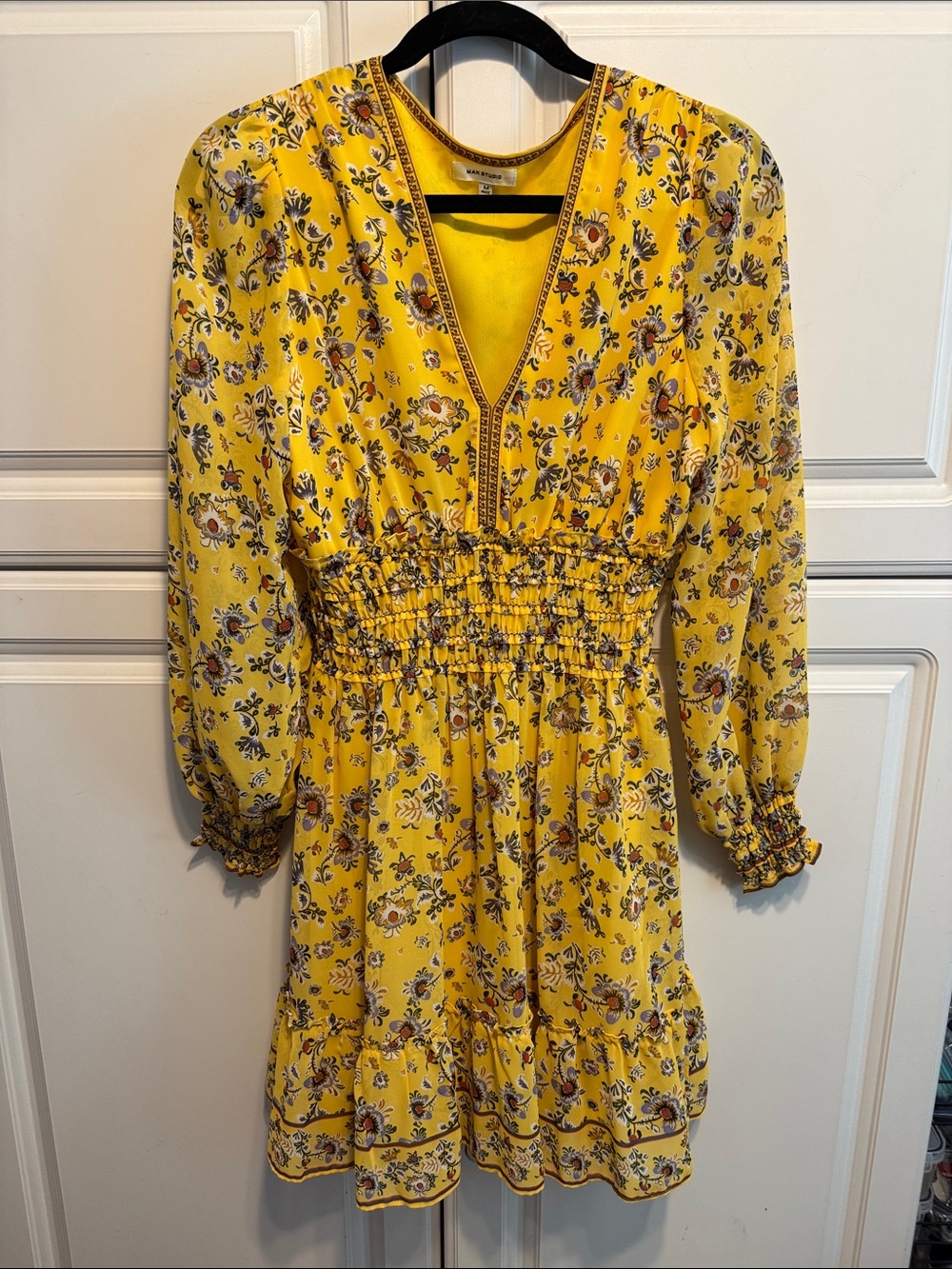 Max Studio Yellow Floral Smocked-Waist Mini Dress